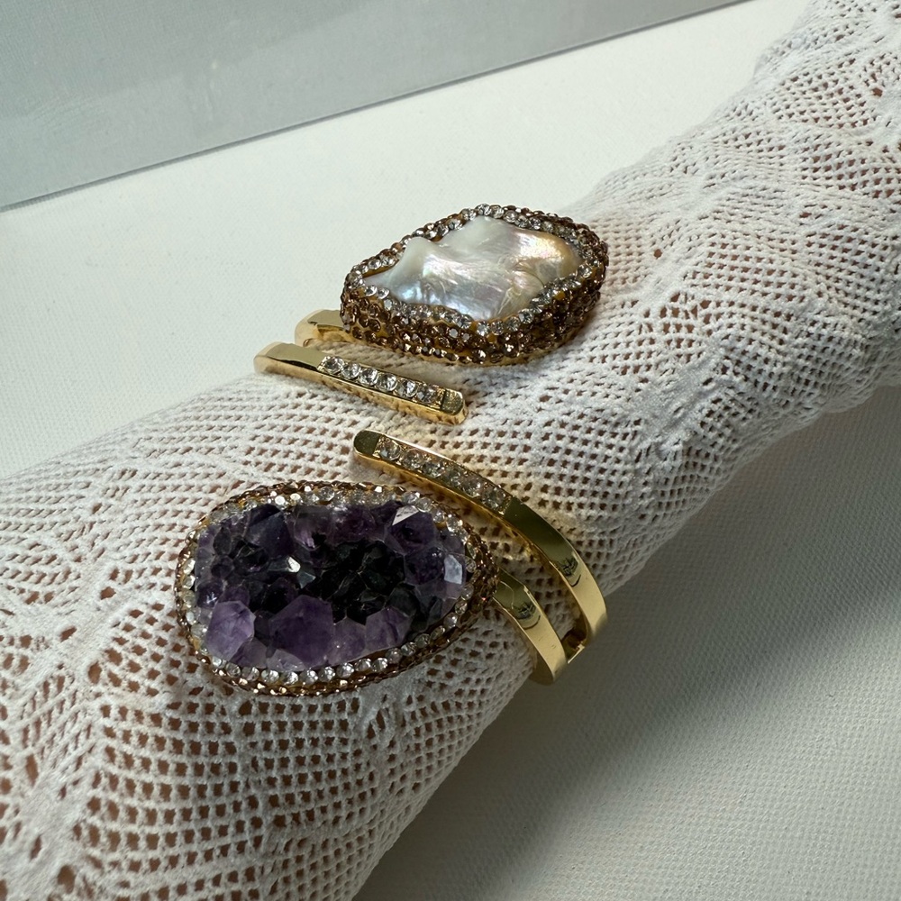 Natural Stone Amethyst & Baroque Pearl Gold Cuff Bracelet - Picture 13 of 17